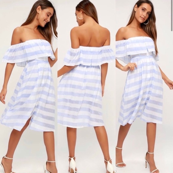 Lulus Dresses & Skirts - Lulus TRANSATLANTIC Voyage Blue and Ivory Striped Midi Off Shoulder Dress NWOT
